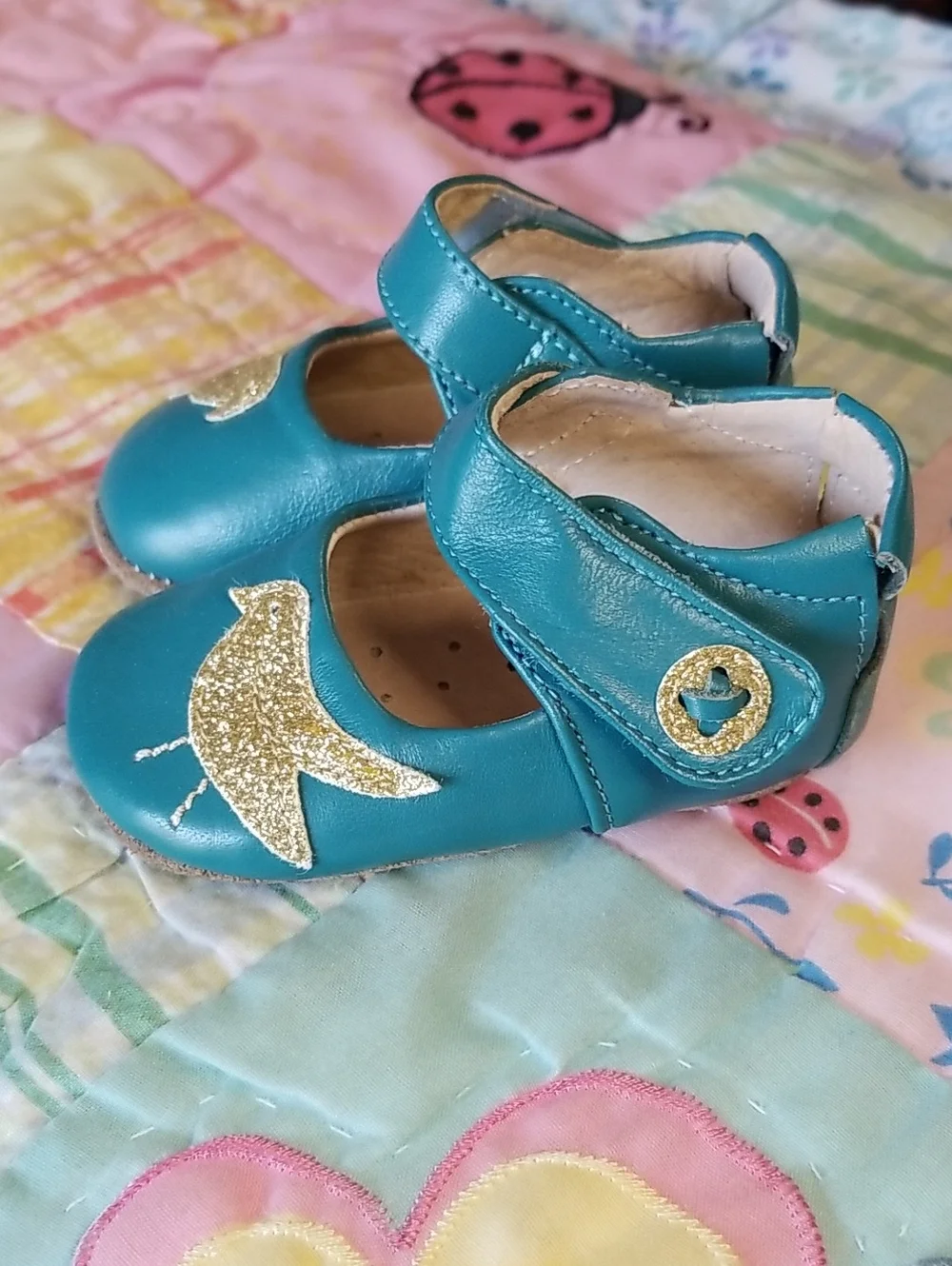 Livie & Luca Teal Leather Mary Janes with Gold Glitter Bird 0-6 Month Pio Pio